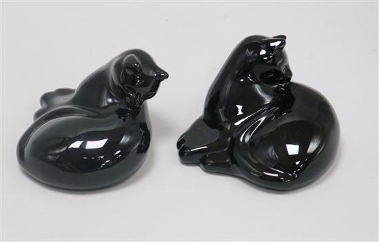 Two black glass cats, signed Baccarat